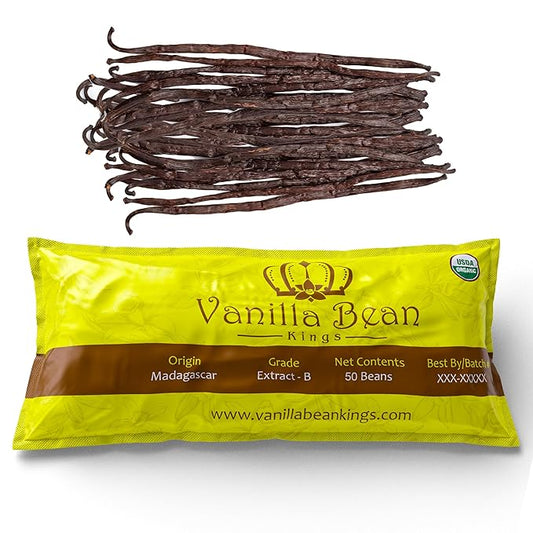 50 Organic Madagascar Vanilla Beans - Whole Extract Grade B Pods for Baking, Homemade Extract