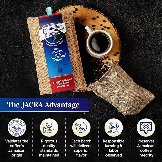 Plantation Blue 100% Blue Mountain Coffee, Dark Roast, Ground, Premium Jamaican Coffee, 12oz