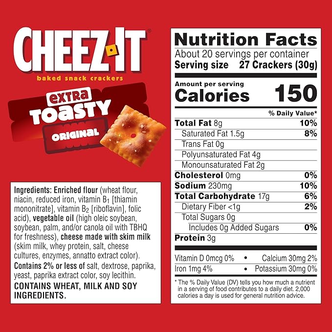 Cheez-It Cheese Crackers, Baked Snack Crackers, Lunch Snacks, Family Size, Extra Toasty, 21oz Box