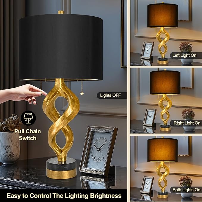 Sculptural Table Lamp Set of 2 for Bedroom, 26” Gold Leaf Farmhouse Bedside Lamps for Living Room