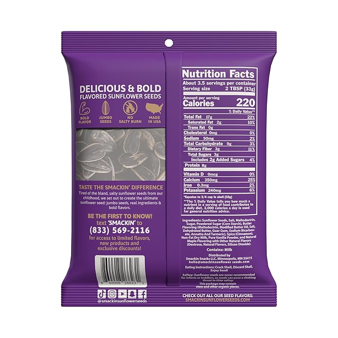 SMACKIN' - Jumbo Roasted Sunflower Seeds, No Salty Burn, American Made, Easy Pour & Seal - Cinnamon