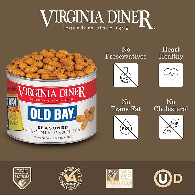 Virginia Diner Old Bay Seasoned Virginia Peanuts - Non-GMO, Preservative Free Spicy Old Bay Nuts