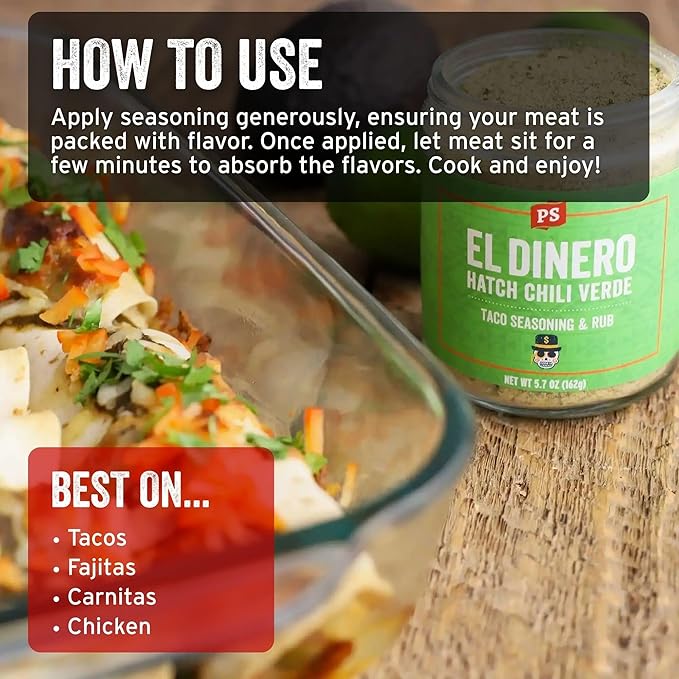 PS Seasoning El Dinero Taco Seasoning Mix - Hatch Chili Verde and Jalapeno Blend, Dry BBQ Rub for