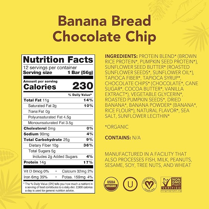 ALOHA Organic Plant Based Protein Bars - Banana Bread Chocolate Chip - 12 Count, 1.9oz Bars - Vegan