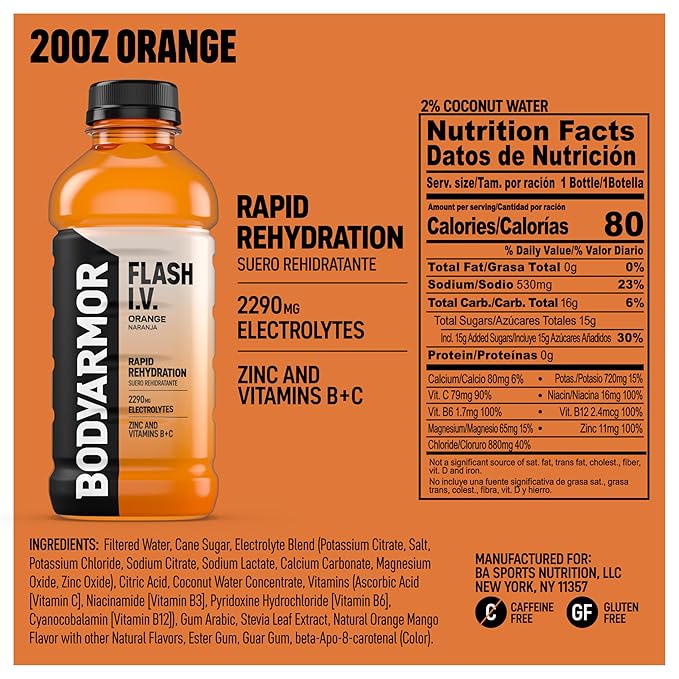BODYARMOR Flash I.V. Electrolyte Beverage, Orange, Hydration Drink with Coconut Water For Rapid