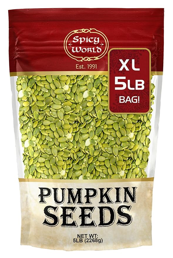 Raw Pumpkin Seeds 5 LB Jumbo Bag - Shelled, AAA Grade, Unsalted, Dry, Vegan, Bulk Bag by Spicy World