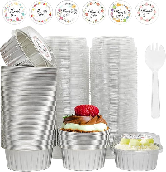 100 Pcs Aluminum Foil Baking Cups with Lids, 5oz Cupcake Liners Dessert Cups,Disposable Ramekins