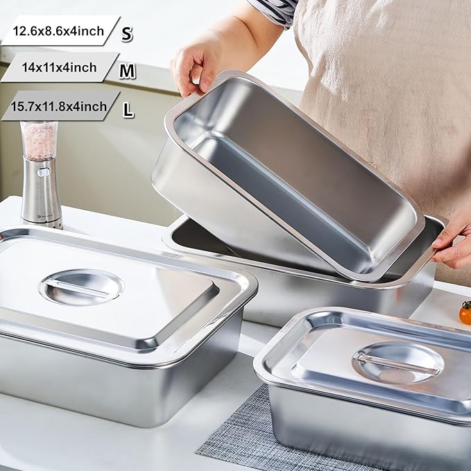 4-Piece 4 Inch Extra Deep Lasagna Pan with Lid, 11.8x15.7-Inch 9.2QT Large Stainless Steel Nonstick