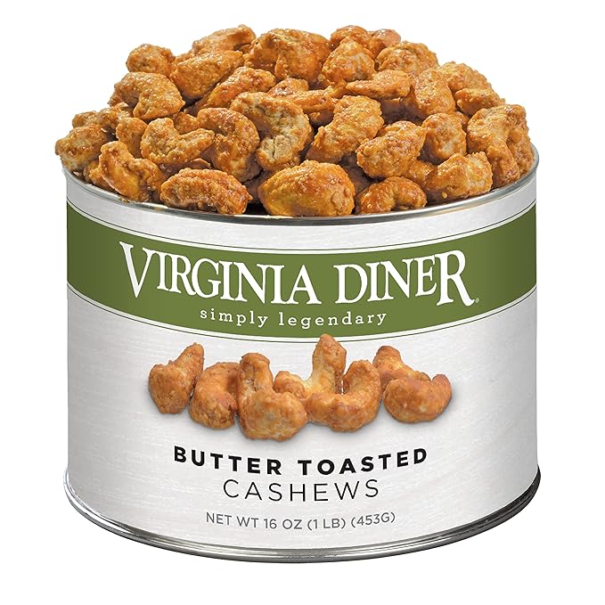 Virginia Diner - Gourmet Natural Butter Toasted Cashews, 16 Ounce Tin of Sweet Buttery Glazed Jumbo
