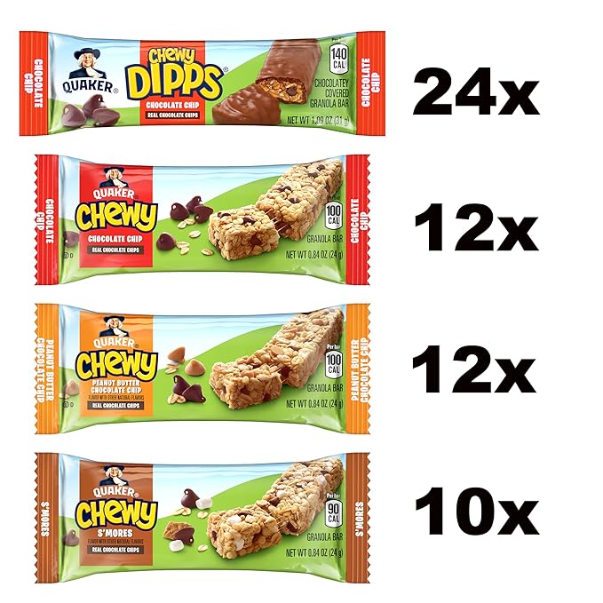 Quaker Chewy Granola Bars, Chewy & Dipps Variety Pack, (58 Bars), Whole Grains, No Artificial