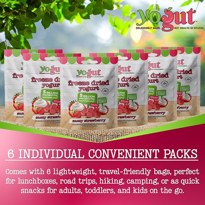YoGut Freeze Dried Yogurt Snack, Strawberry, 6 Pack, Healthy Snacks for Kids, Toddlers & Adults