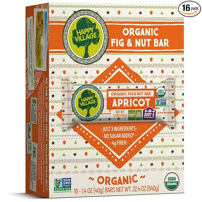 Happy Village Organic Fig & Nut Bar, APRICOT | Only 3 Ingredients, Gluten Free, No Added Sugar