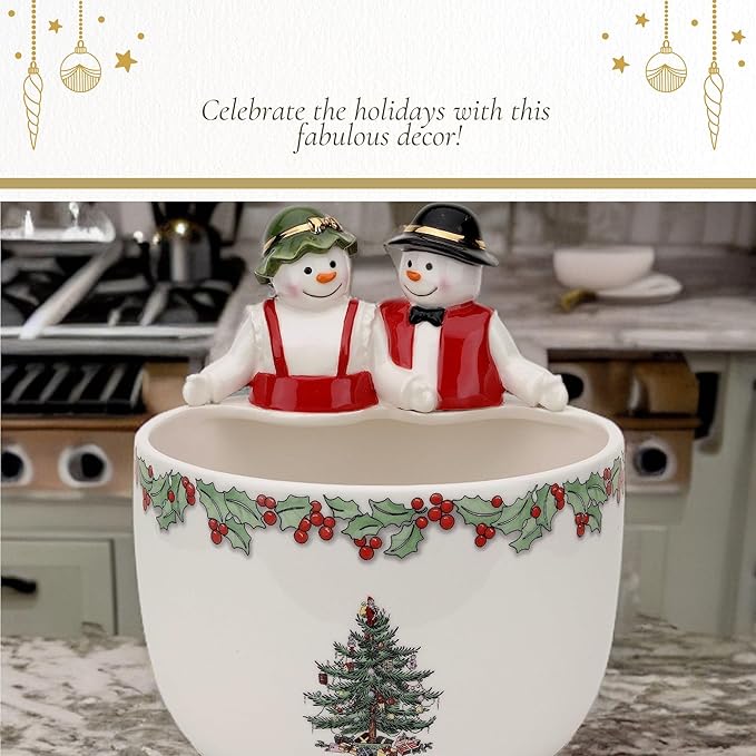 Spode Christmas Tree 9-Inch Candy Bowl - Mr. & Mrs. Snowman Decorative Earthenware Bowl for Serving