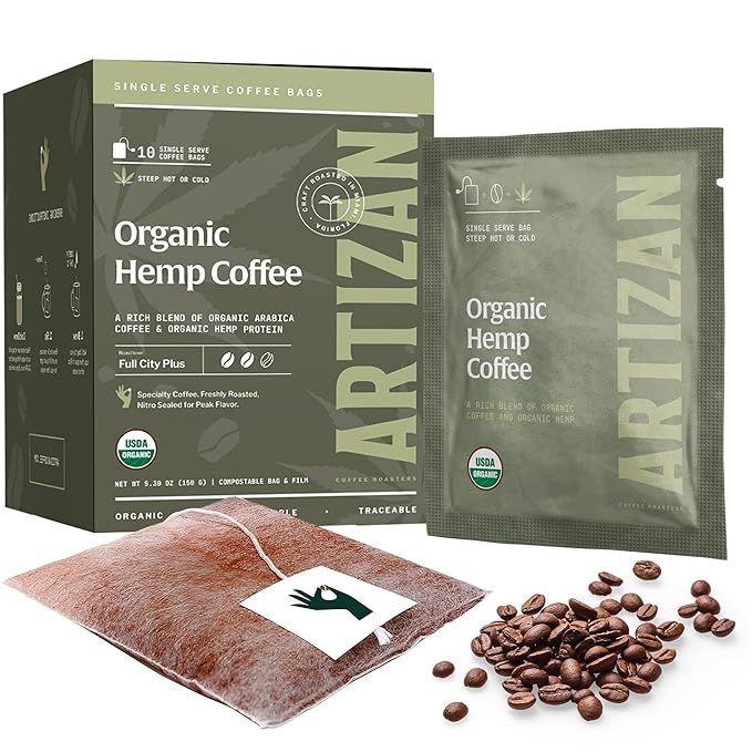 Artizan Coffee Roasters Organic Hemp Coffee Fusion – Single-Serve Bags | Full City Plus Roast | 20