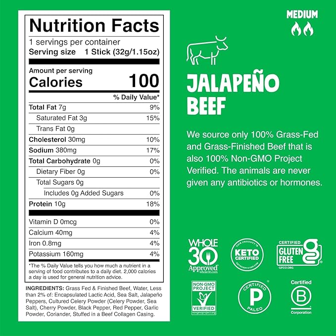 Chomps Grass-Fed and Finished Jalape챰o Beef Jerky Snack Sticks 24-Pack - Keto, Paleo, Whole30, 10g