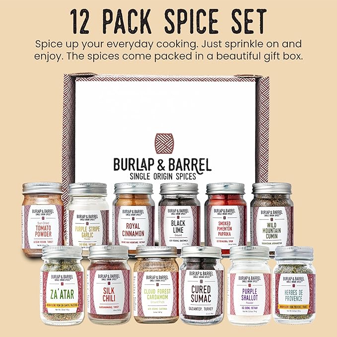 Burlap & Barrel 12-Pack Spice Gift Set – 12 Full-Size Jars of Favorite Spices for the Curious Cook