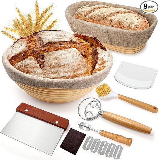 Sourdough Proofing Basket Gift Set, 9" Round and 10" Oval Banneton Bread Baking Supplies, Sourdough