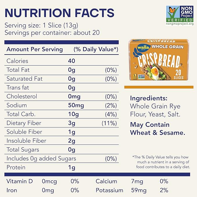 Wasa Whole Grain Crispbread, 9.2 oz (Pack of 12), Crackers, Non-GMO Ingredients, Fat Free, Made