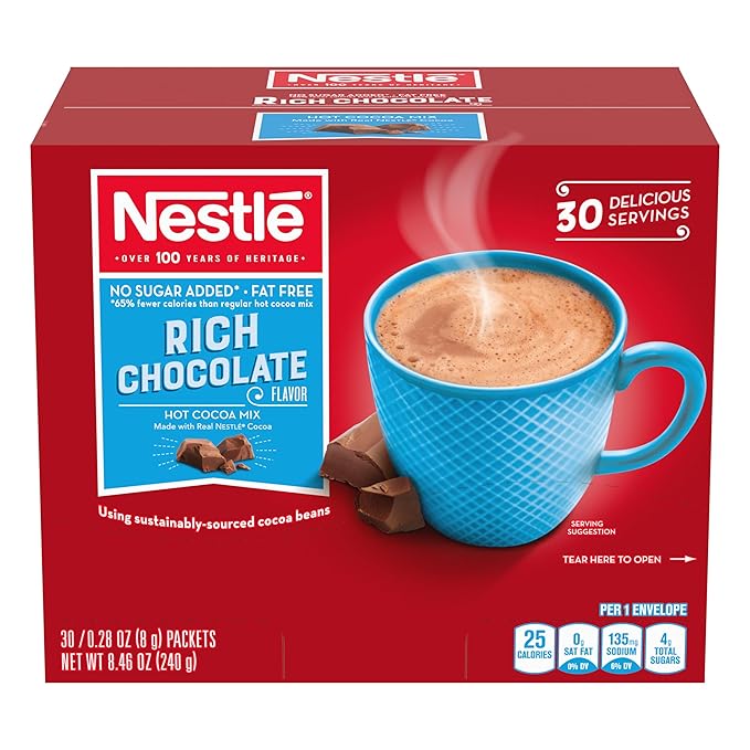 Nestle Hot Chocolate Packets, Hot Cocoa Mix, No Sugar Added and Fat Free, Bulk Pack, 0.28 oz Packet