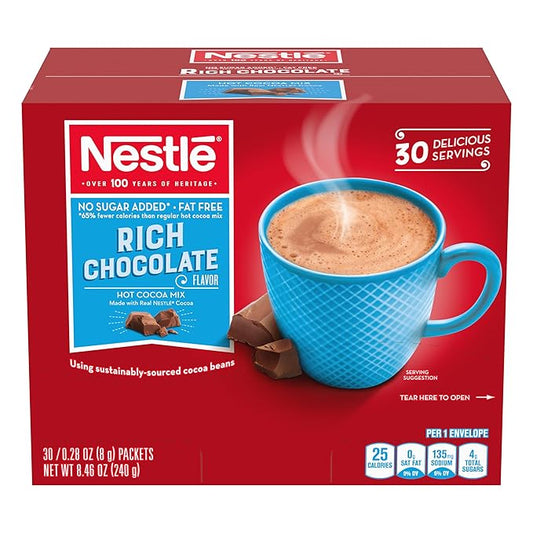 Nestle Hot Chocolate Packets, Hot Cocoa Mix, No Sugar Added and Fat Free, Bulk Pack, 0.28 oz Packet