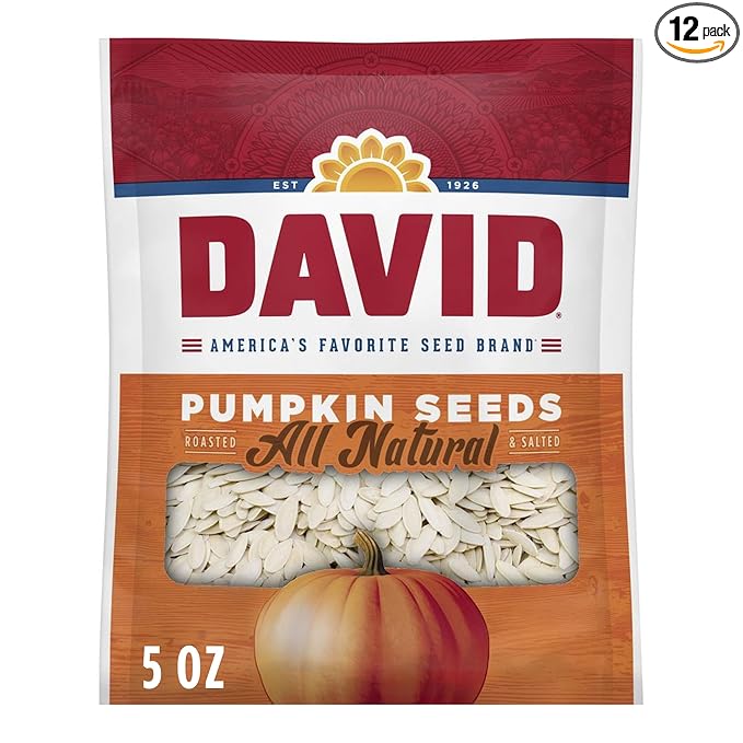 DAVID Roasted and Salted All Natural Pumpkin Seeds, 5oz. (Pack of 12)