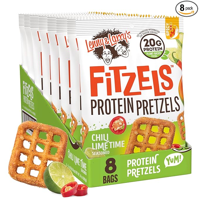 Lenny & Larry's FITZELS Protein Pretzels (Chilli Lime Time) 8 Individual Bags 3 oz Each – High