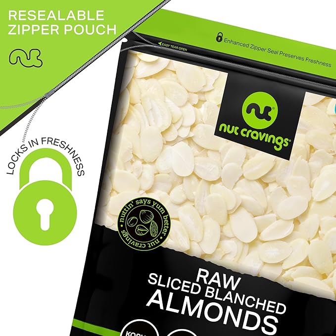 NUT CRAVINGS - Blanched Sliced Almonds - Raw, (32oz - 2 LB) Packed Fresh in Resealable Bag - Nut
