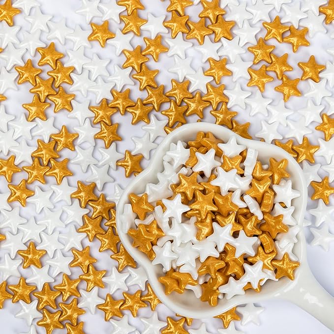 Edible Star Sugar Sprinkles, Gold and White Mix Size,Candy Star Sprinkle for Cake Decorations and