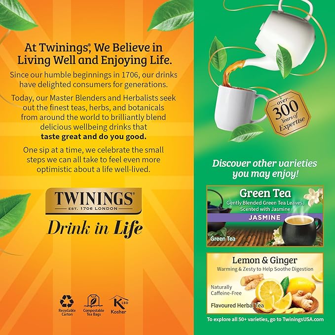 Twinings Pure Green Tea Individually Wrapped Bags, 25 Count (Pack of 6), Smooth Flavour, Enticing