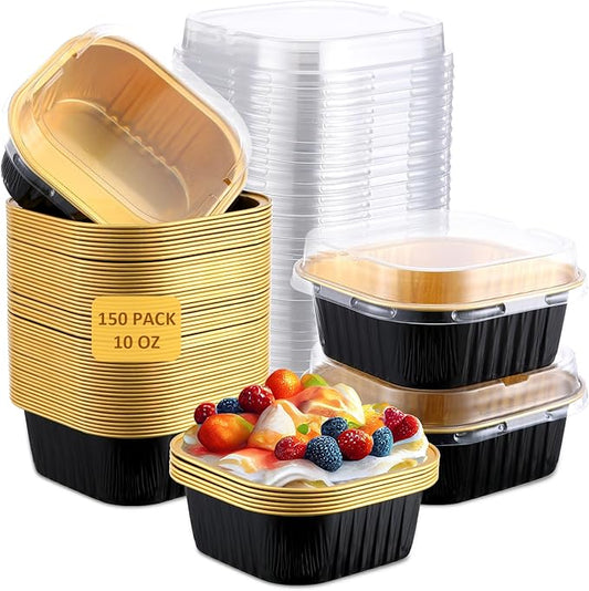 Aoriher 150 Pieces 10 oz Mini Cake Pans with Lids Aluminum Foil Baking Cups Square Disposable 4" x