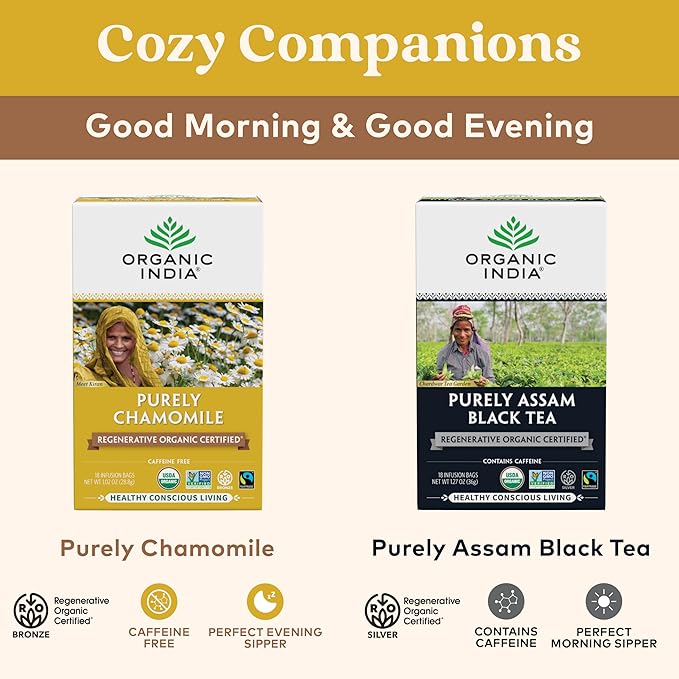 Organic India Purely Chamomile Tea- Regenerative Organic Chamomile Flowers, Caffeine Free, Calming