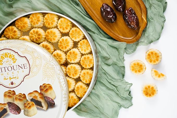 Zaitoune Date Maamoul - 18 oz | Middle Eastern Buttery Date Filled Cookies in a Beautiful Gift Tin