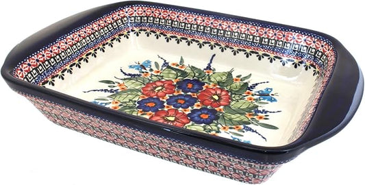 Blue Rose Polish Pottery - Blue Floral Butterfly Large Rectangular Baker with Handles - 9" x 6.5"