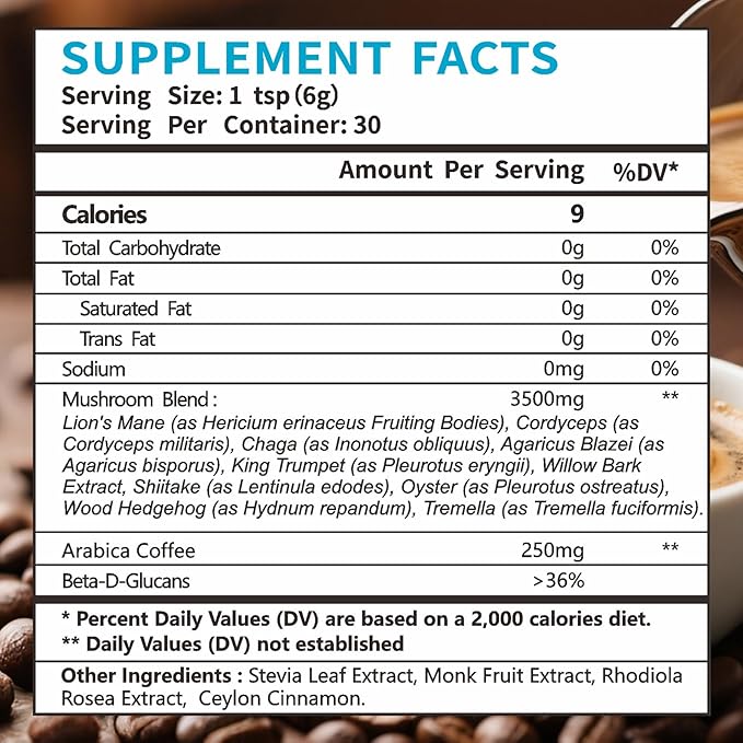 Mushroom Coffee, Organic10 Mushroom Extract Powder Blend Lion's Mane, Reishi, Chaga, Cordyceps