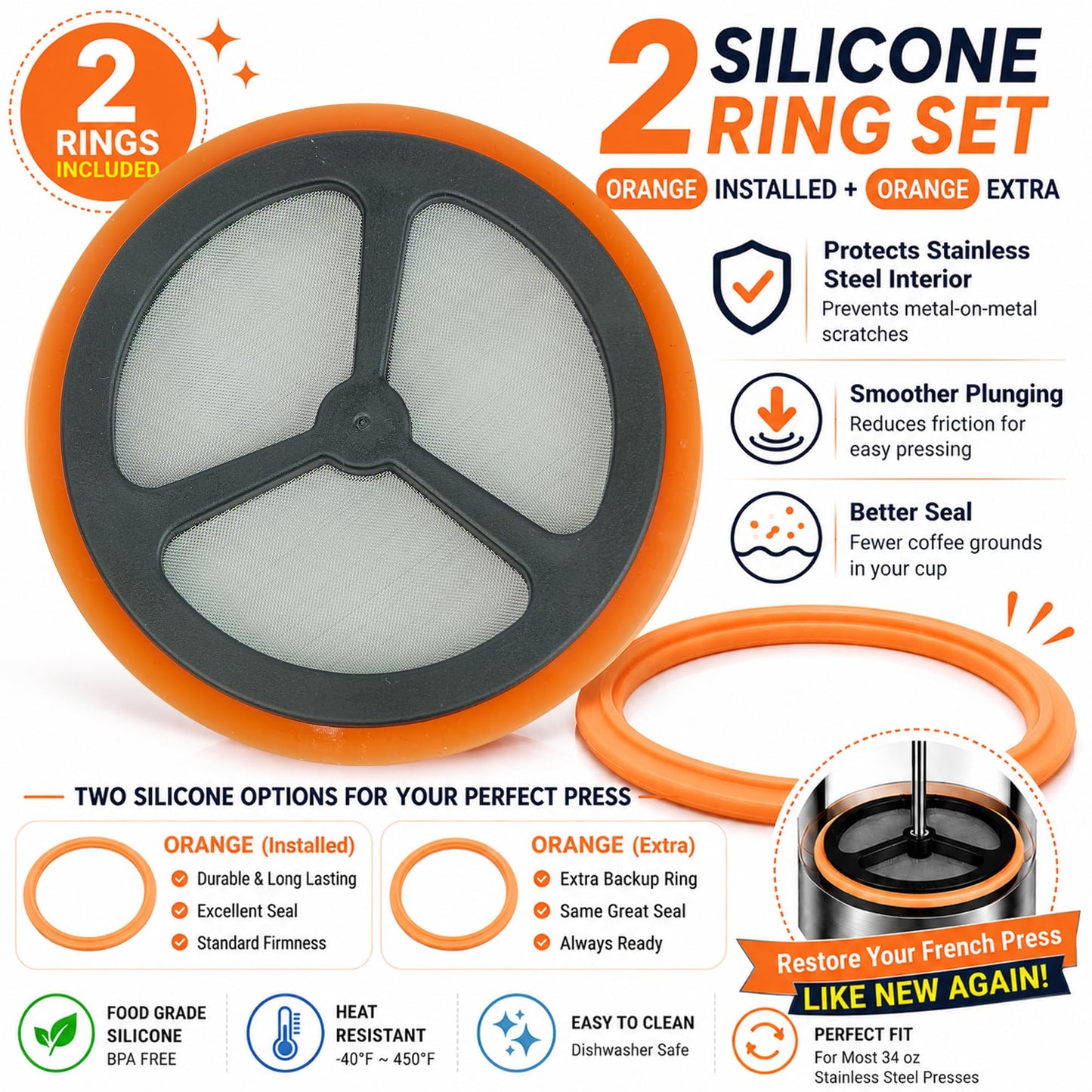 French Press Replacement Filter with Silicone Ring, 95 mm Upgraded Better Seal Design, Easy to