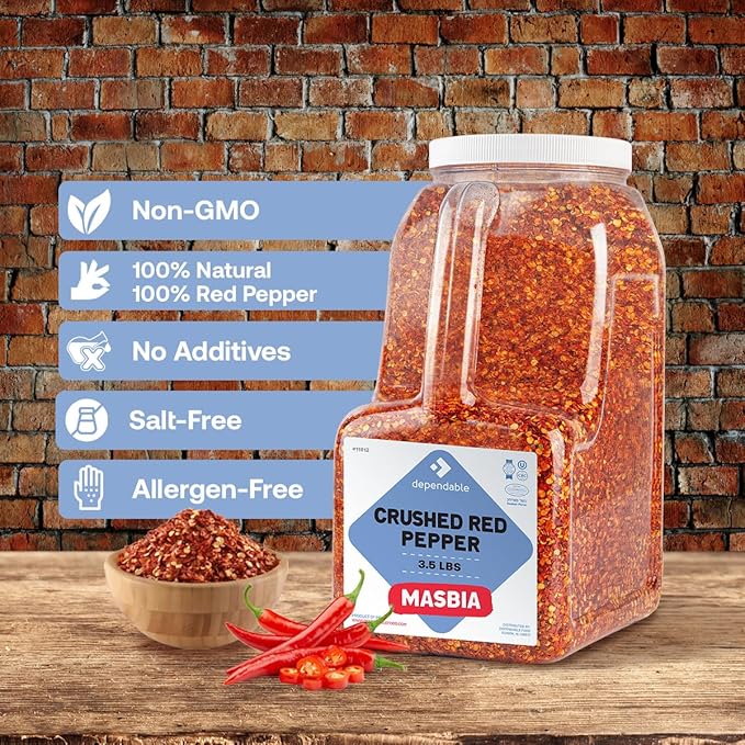 Dependable Food Crushed Red Pepper Flakes - 3.5 Lb. Container - Bulk Size - Kosher Spice Seasoning