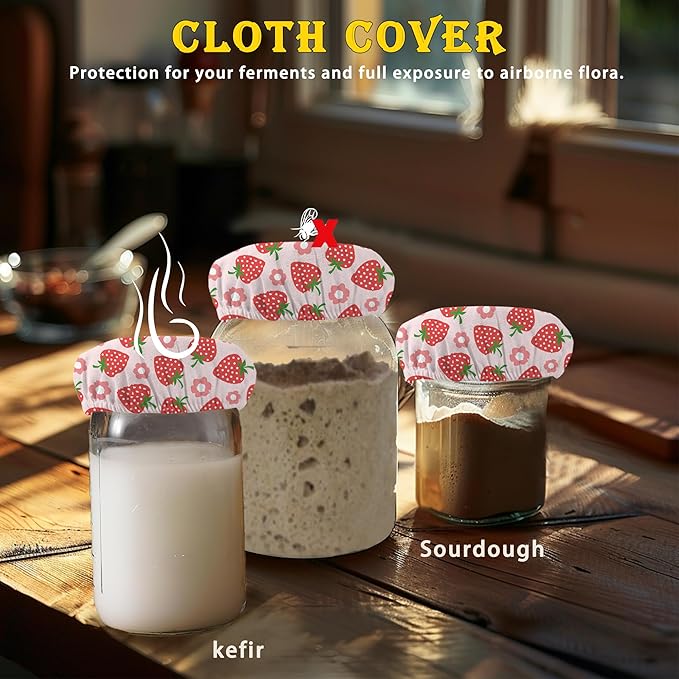 Cloth Covers for Sourdough Starter Jars, Red Strawberry Flower Heat Preservation to Increase