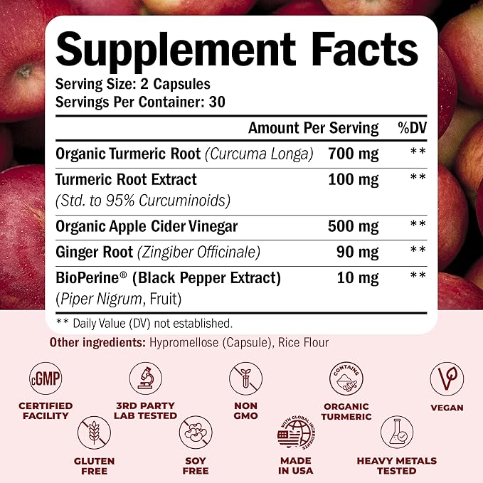Turmeric Supplement and Organic Apple Cider Vinegar Capsules with Ginger for Joint Health