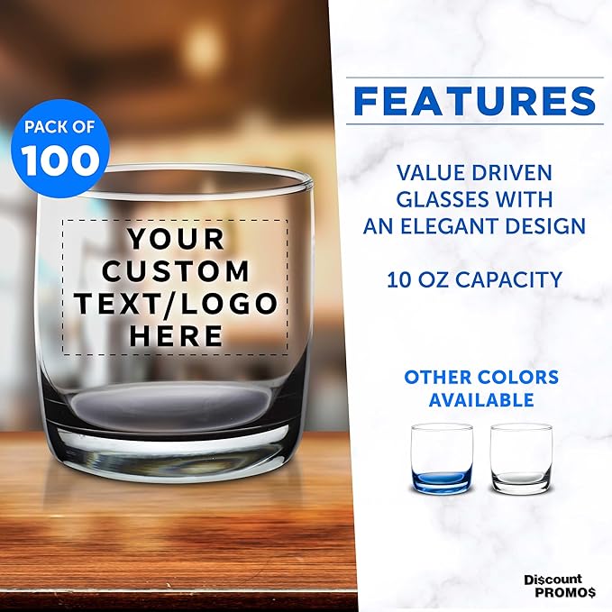 DISCOUNT PROMOS Custom Whiskey Glasses 10 oz Set of 100, Personalized Bulk Pack - Heavy Base Old