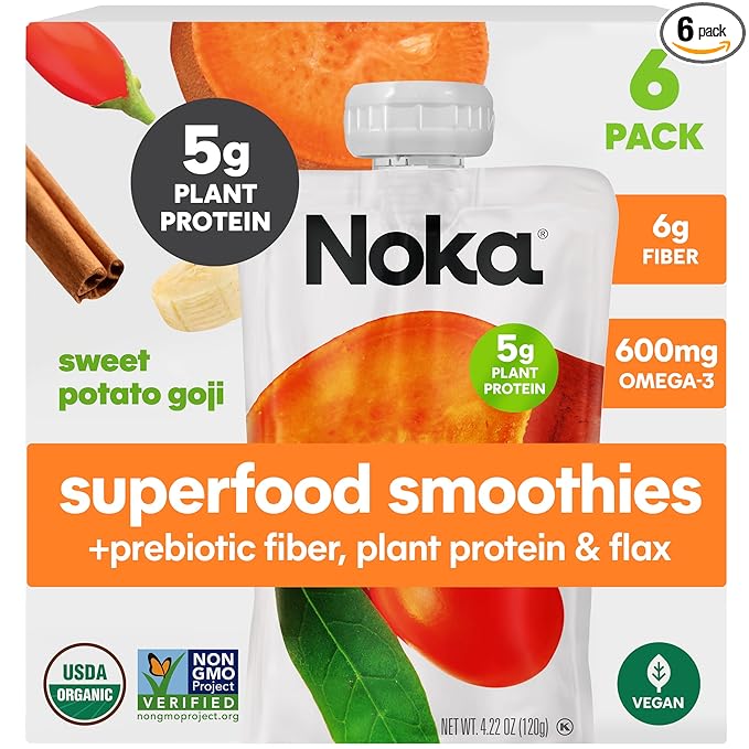 Noka Superfood Fruit Smoothie Pouches, Sweet Potato Goji, Healthy Snacks with Flax Seed, Plant