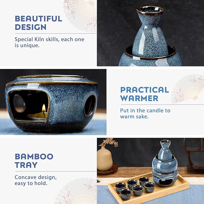 DUJUST 10 pcs Japanese Sake Set with Warmer for 6, Kiln Altered Glaze Porcelain Sake Set, 6 Sake