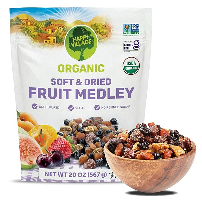 Happy Village Organic Dried Fruit Mix - Apricots, Figs, Strawberries & Tart Cherries, 20 OZ