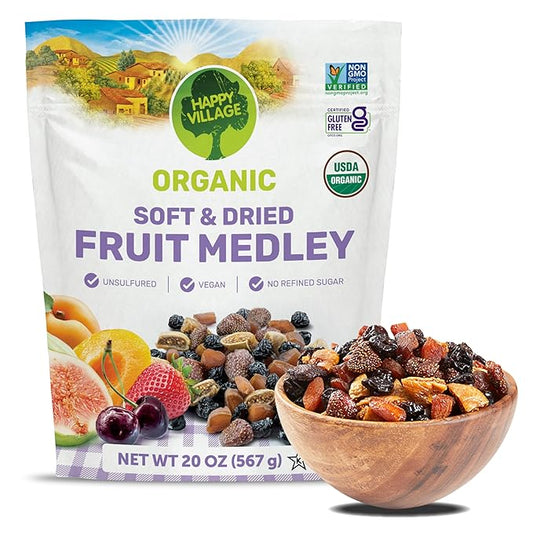 Happy Village Organic Dried Fruit Mix - Apricots, Figs, Strawberries & Tart Cherries, 20 OZ