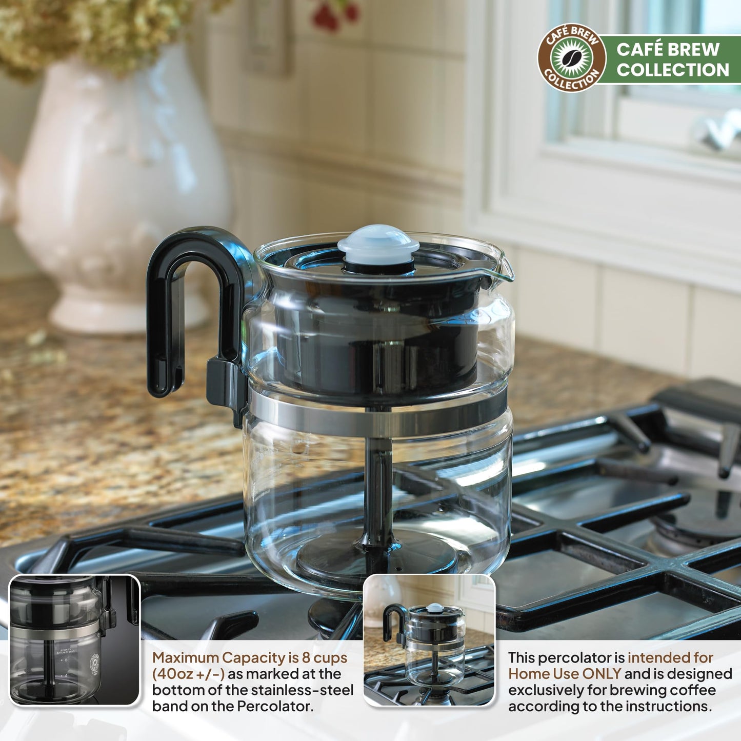 Café Brew Glass Coffee Percolator, Stovetop, 8 Cup, BPA-Free