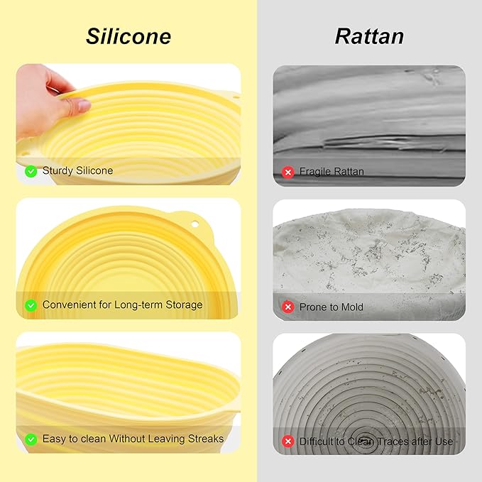 Silicone Proofing Basket Set Round & Oval - D'ita Collapsible Bread Banneton with Tools (Non-Stick