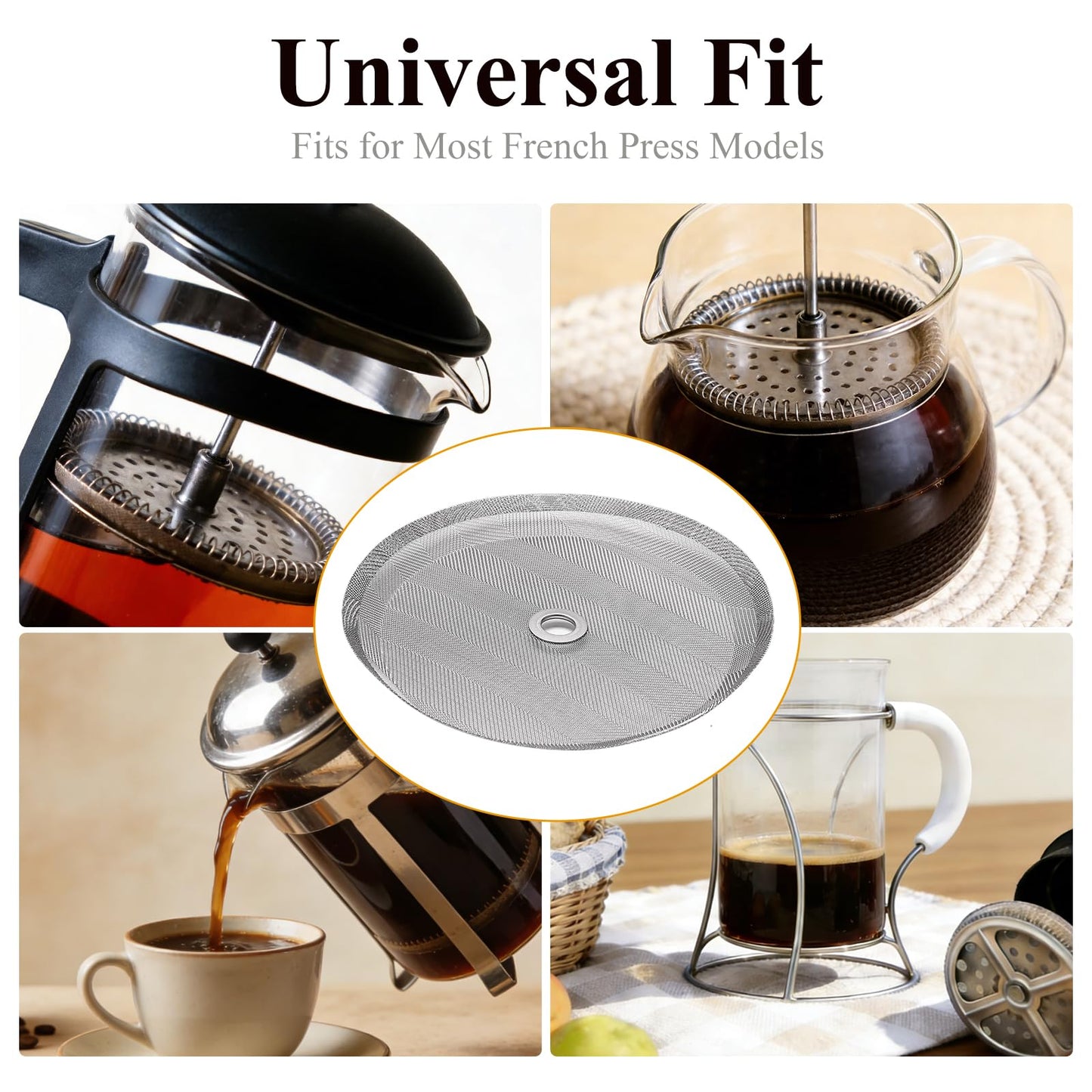 French Press Coffee Filter Replacement - 6 Pack Stainless Steel Fine Mesh Filters, Compatible with