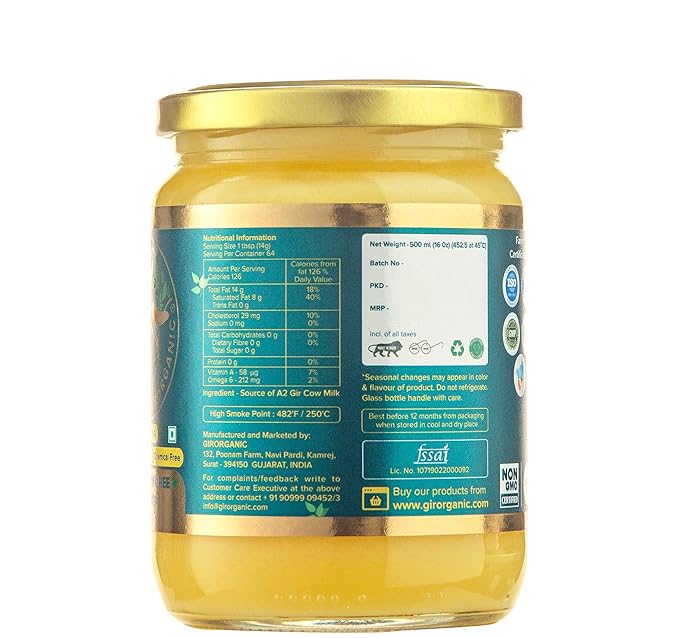 GirOrganic Grass Fed A2 Ghee | Clarified Butter (16 Oz) - Unsalted Gir Cow Ghee Butter - Organic