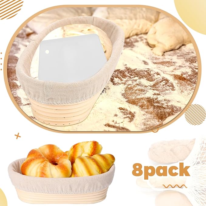 Gejoy Oval Banneton Bread Proofing Basket Set of 8, Sourdough Bread Baking Bowl Kit with Cloth