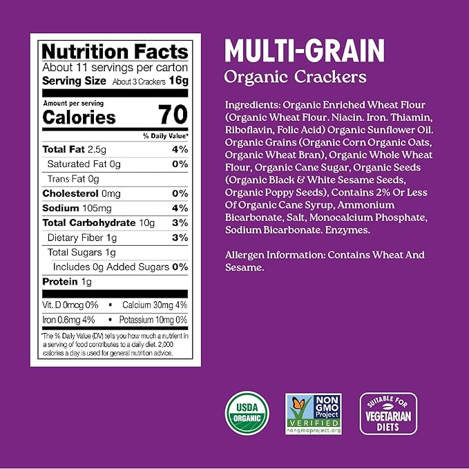 Milton's Organic Crackers, Multi-Grain - Certified Organic, Non-GMO Project Verified, Kosher, Made