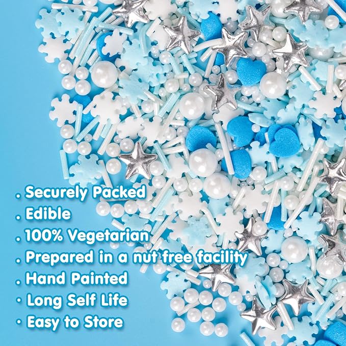 Edible Frozen Sprinkles ,Blue Heart White Snowflake Silver Star Pearl Jimmies
